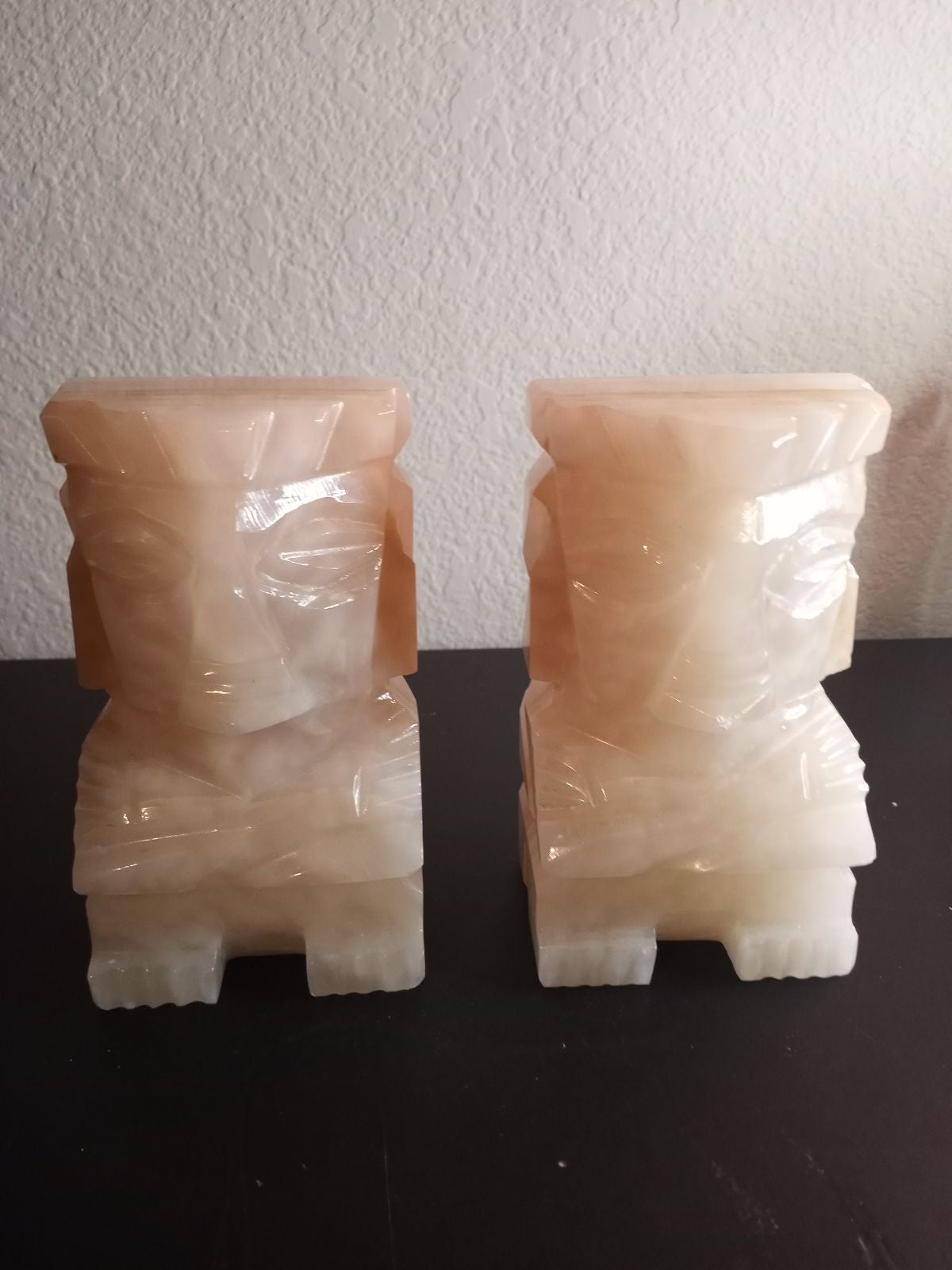 Carved 6 Onyx Aztec Statue Bookends Pair