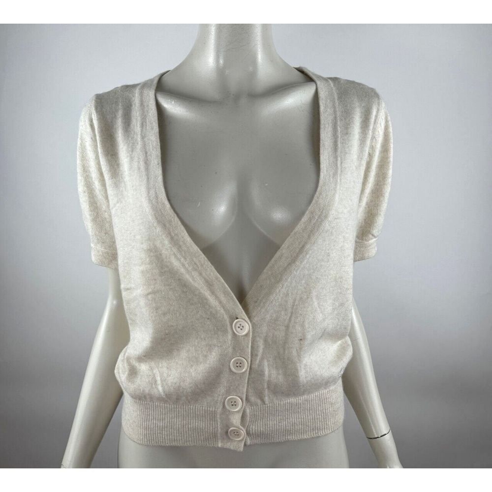 BCBGMaxazria Wool Angora Short Sleeve Cardigan Women L NWT Vneck Button-up Ivory