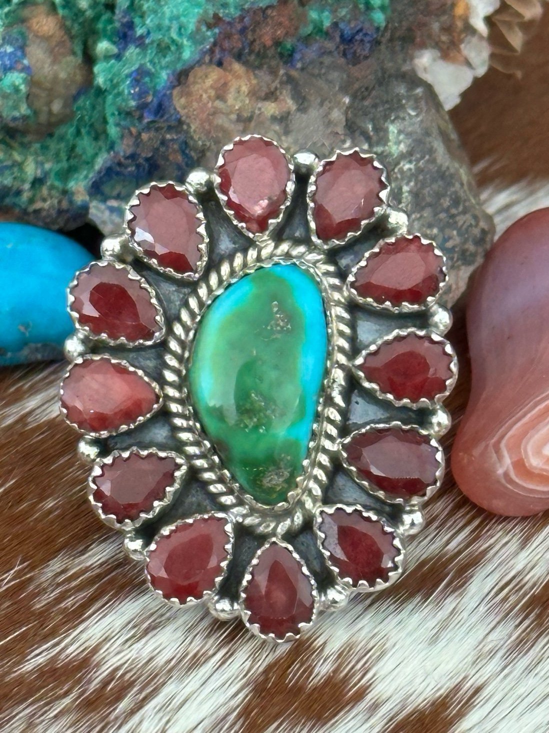 Genuine Sonoran gold turquoise & ruby statement adjustable sterling silver ring