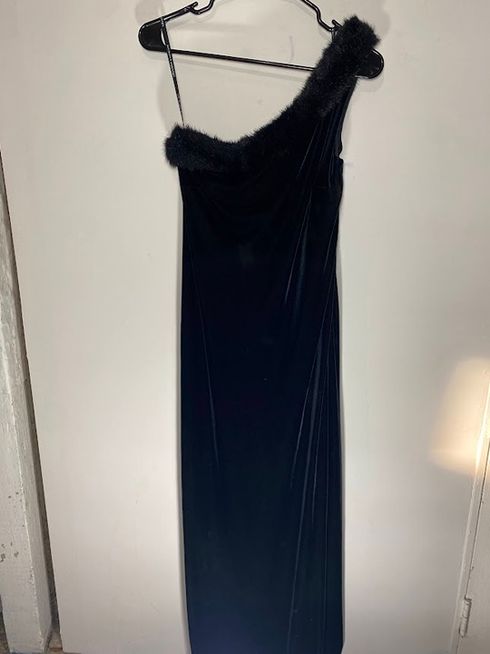 Arianna by Rachel Kaye Black Velvet Fur One Shoulder Dress