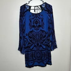 Hale Bob Royal Blue Black Beaded Velvet Silk Long Sleeve Mini Dress size XS