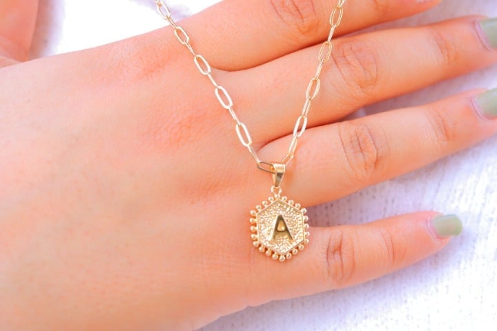 CUSTOM 2 LAYER GOLD INITIAL COIN HEXAGONAL PENDANT DAINTY NECKLACE, ELDM22335