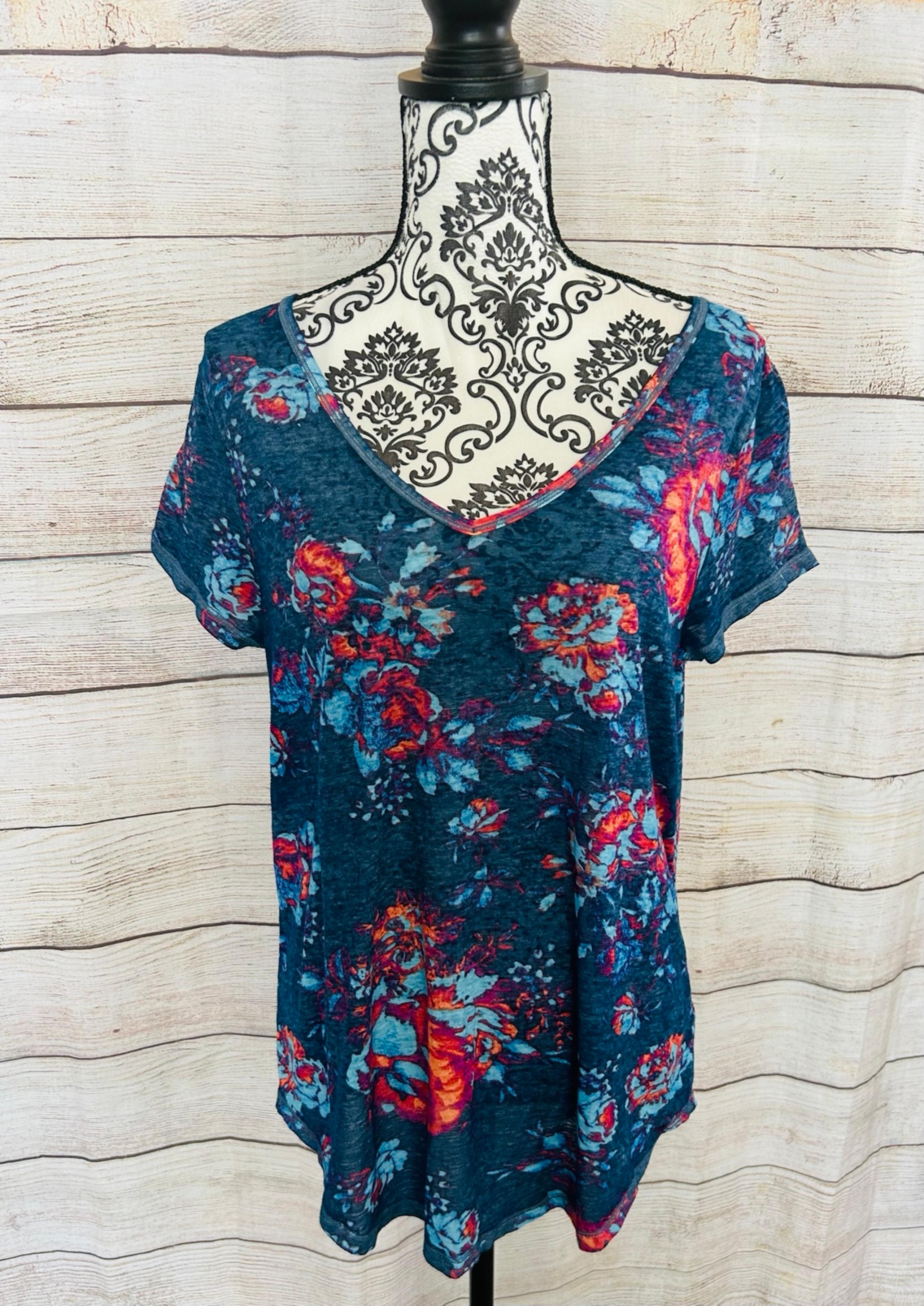 Mudd Women’s Colorful Floral V-Neck Short Sleeve Semi Sheer T-Shirt Size XL
