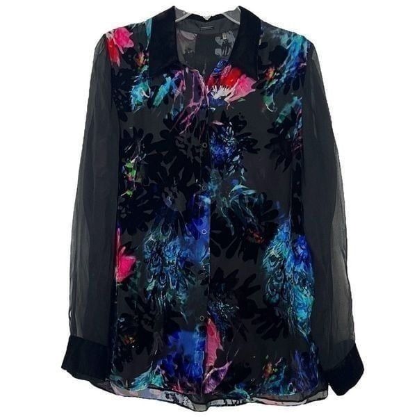 Elie Tahari Velvet Tunic Shirt Medium Floral Burn Out Top Artsy Lagenlook Sheer