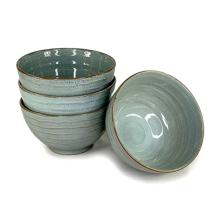 Round Sage Stoneware Noodle Bowls - 4