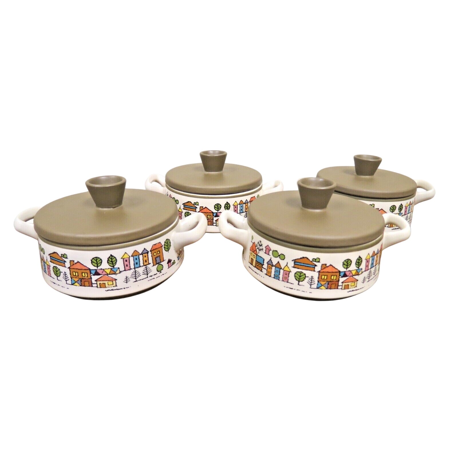 4 Country Village Stoneware Crocks W/ Lids - Vintage Japan Oven Proof