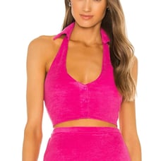 Lovers + Friends Halter Crop Top Barbie Pink XL French Terry Tuxedo Miley NEW