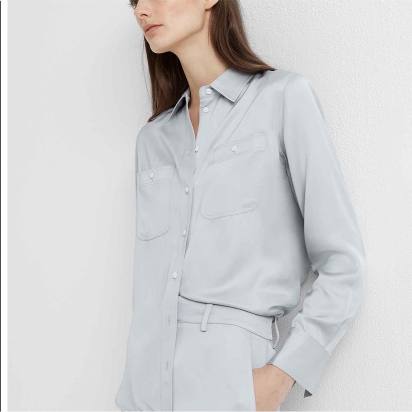 Club Monaco Carpenter Shirt Cloud Gray Silver Long Sleeve Button Front Top SMALL