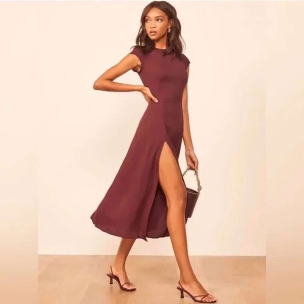 Reformation Women's Gavin Cap Sleeve Midi Dress Open Back Plum- Size 4