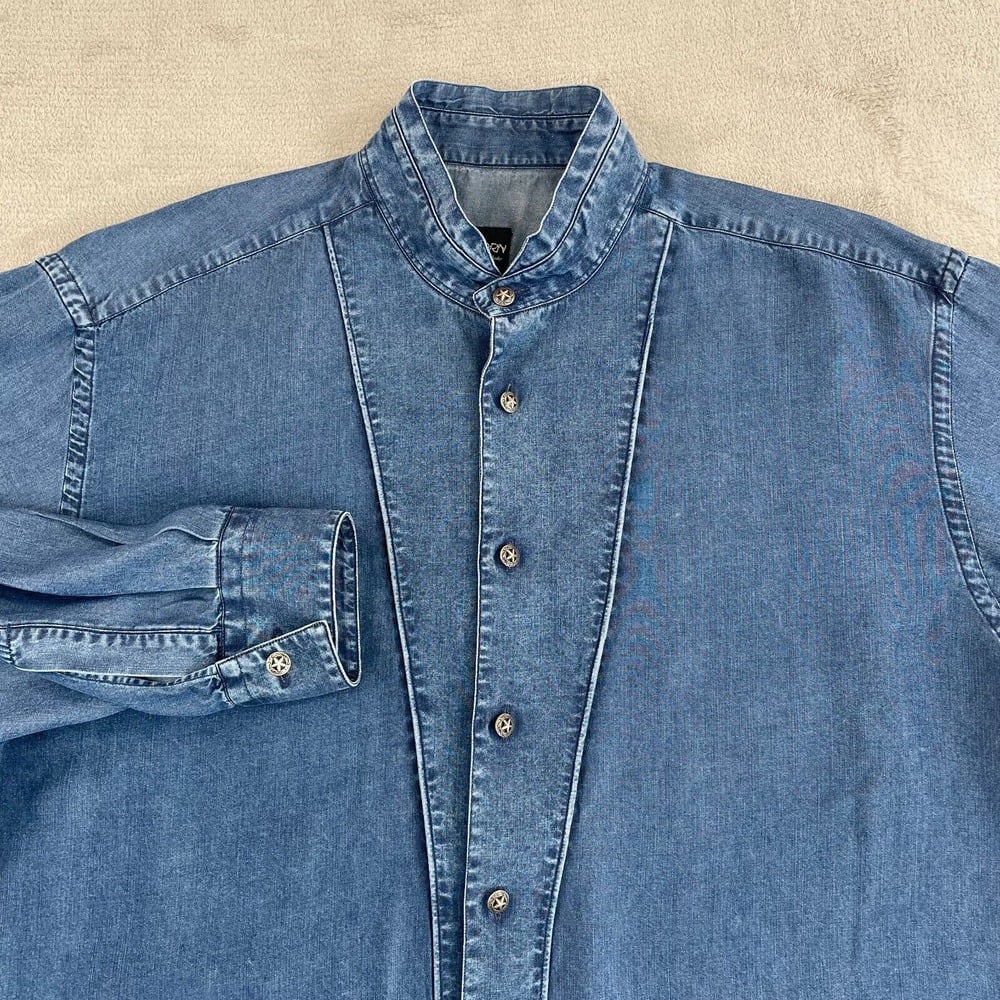 Acorn By Bob Goldfeder Shirt Men Large Blue Denim Star Metal Buttons Band Collar