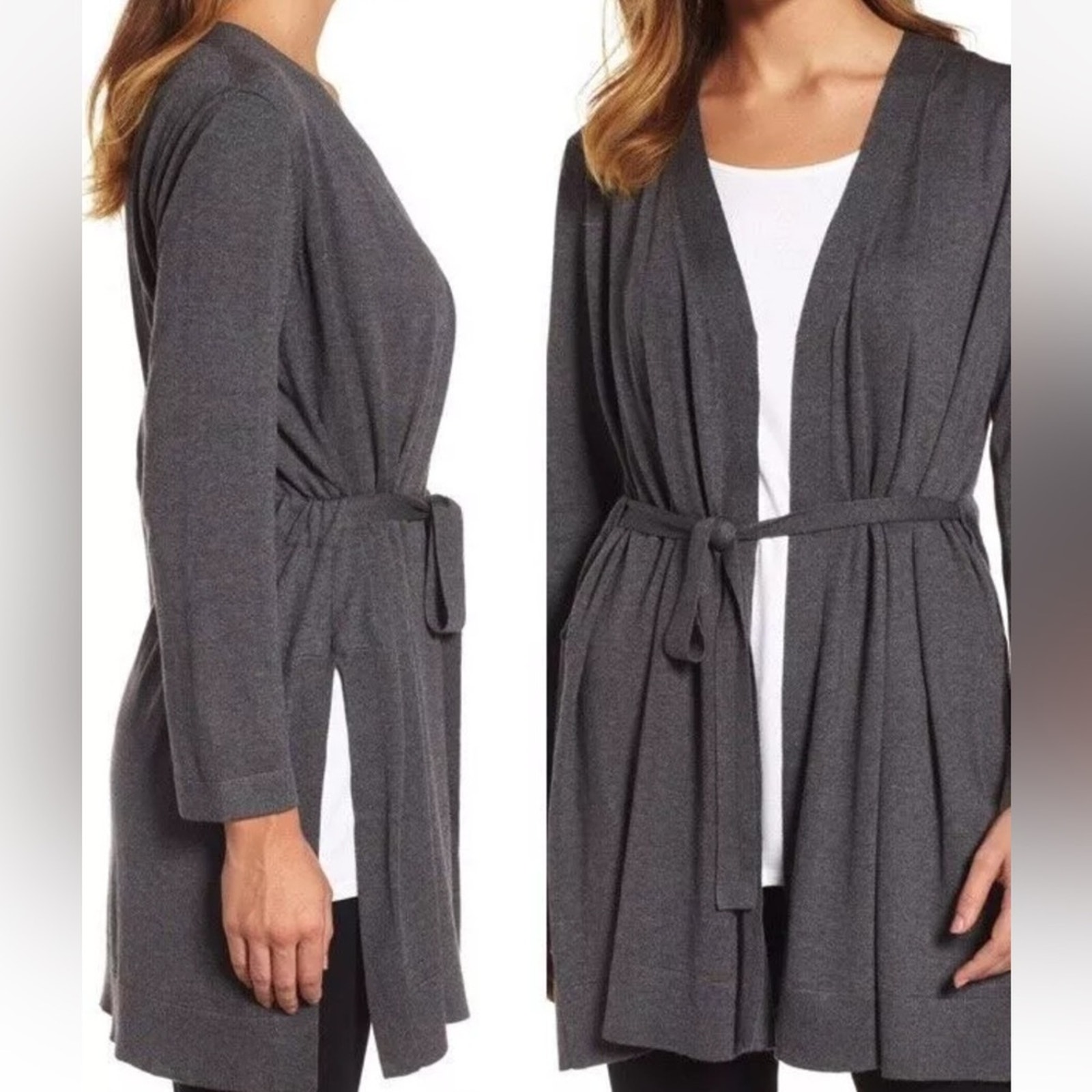 NWT Eileen Fisher Gray Tencel Cotton Silk Belted Slit Side Cardigan Sweater