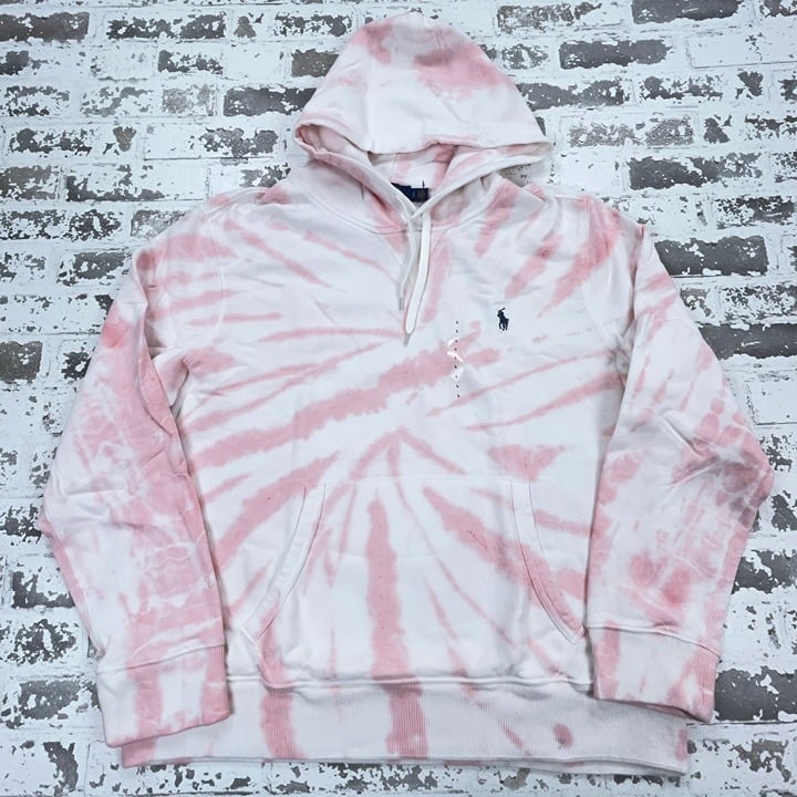 Polo Ralph Lauren Hoodie Men Large Pink White Sweatshirt Sweater Tie Dye Adult
