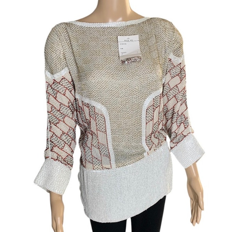 Fayaz Beaded Sequin Party Blouse 100% Pure Silk Padded Shoulders Women Small NEW