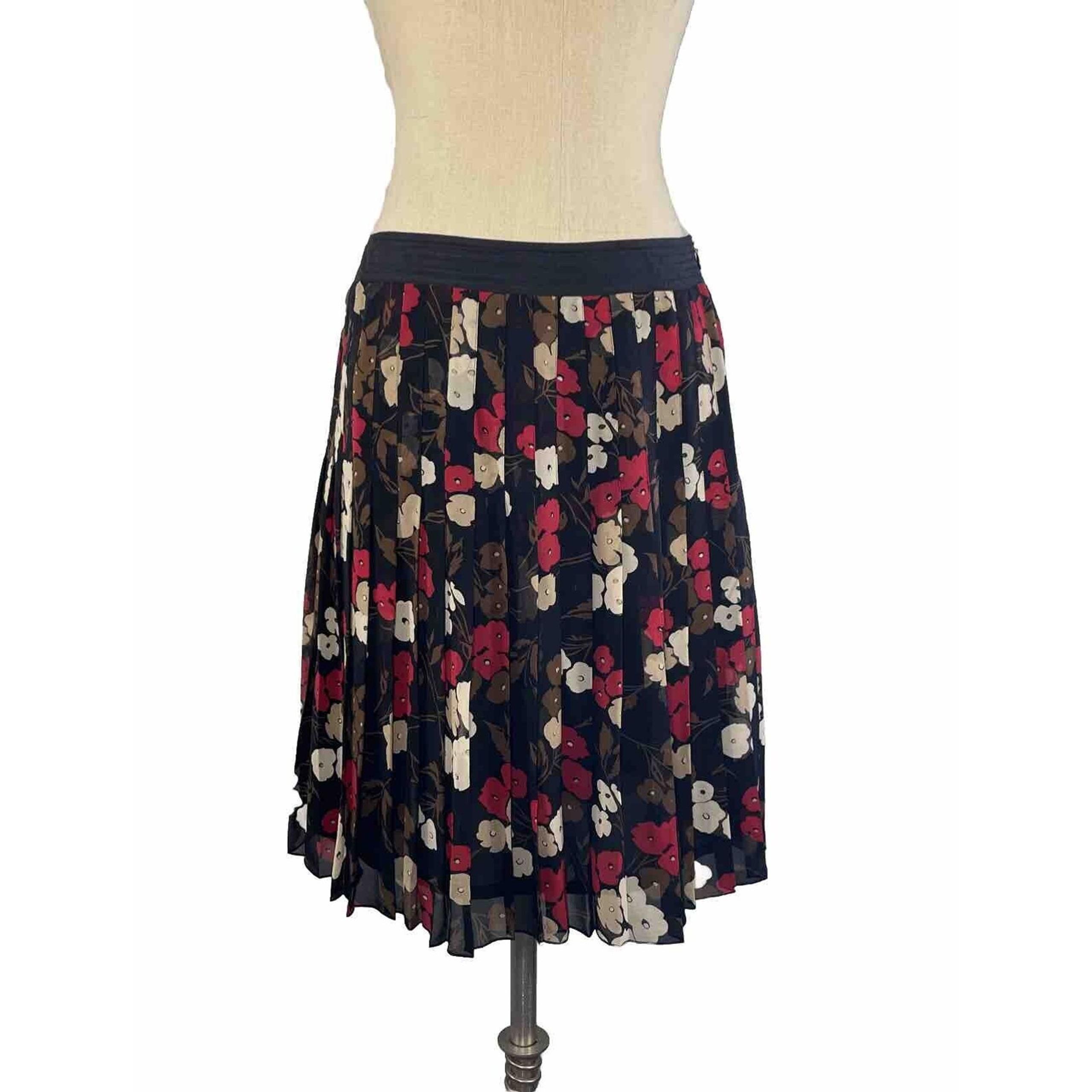 Nine West Women Silk Pleated Floral A Line Skirt Size 6 Black Red Side Zip Lined