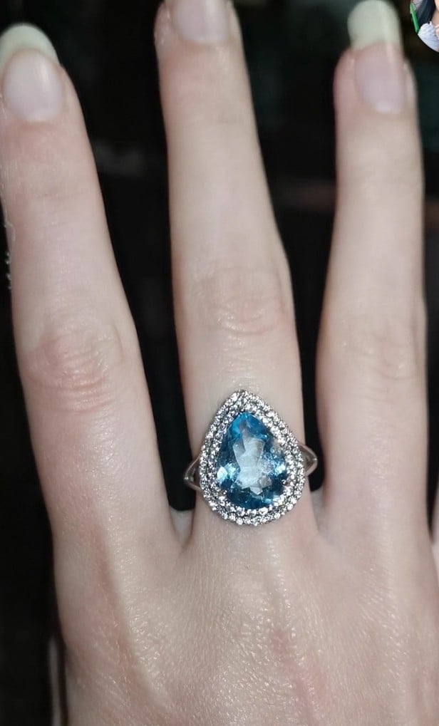Topaz Pear Halo Ring Big Natural Blue Topaz in a Pear Halo Big Bling Ring