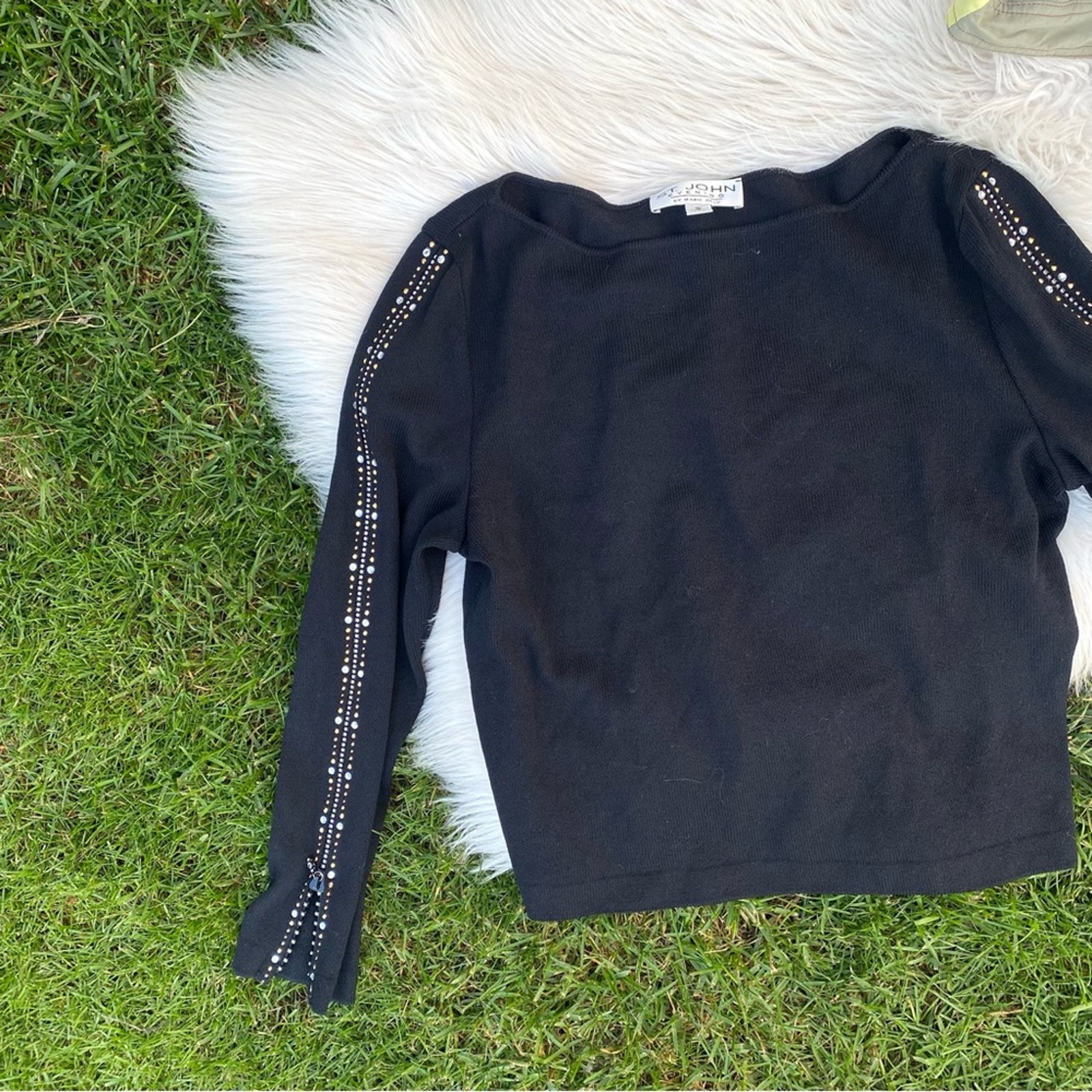 St John Evening Black Knit Bedazzled Bejeweled Long Sleeve 10 Sweater
