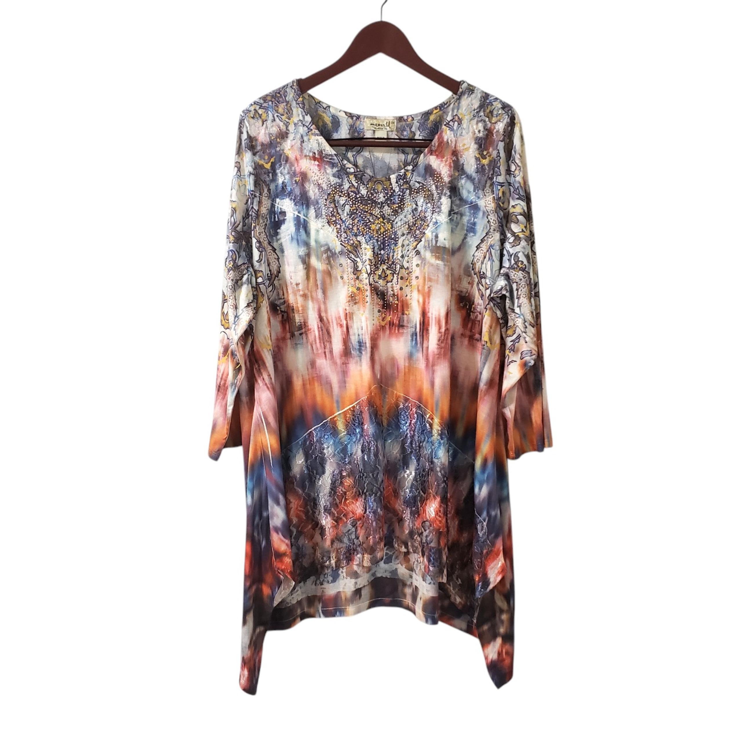 One World 3X Lace Embroidered Star Tunic Top Artsy Asymmetric Maximalist Lagen