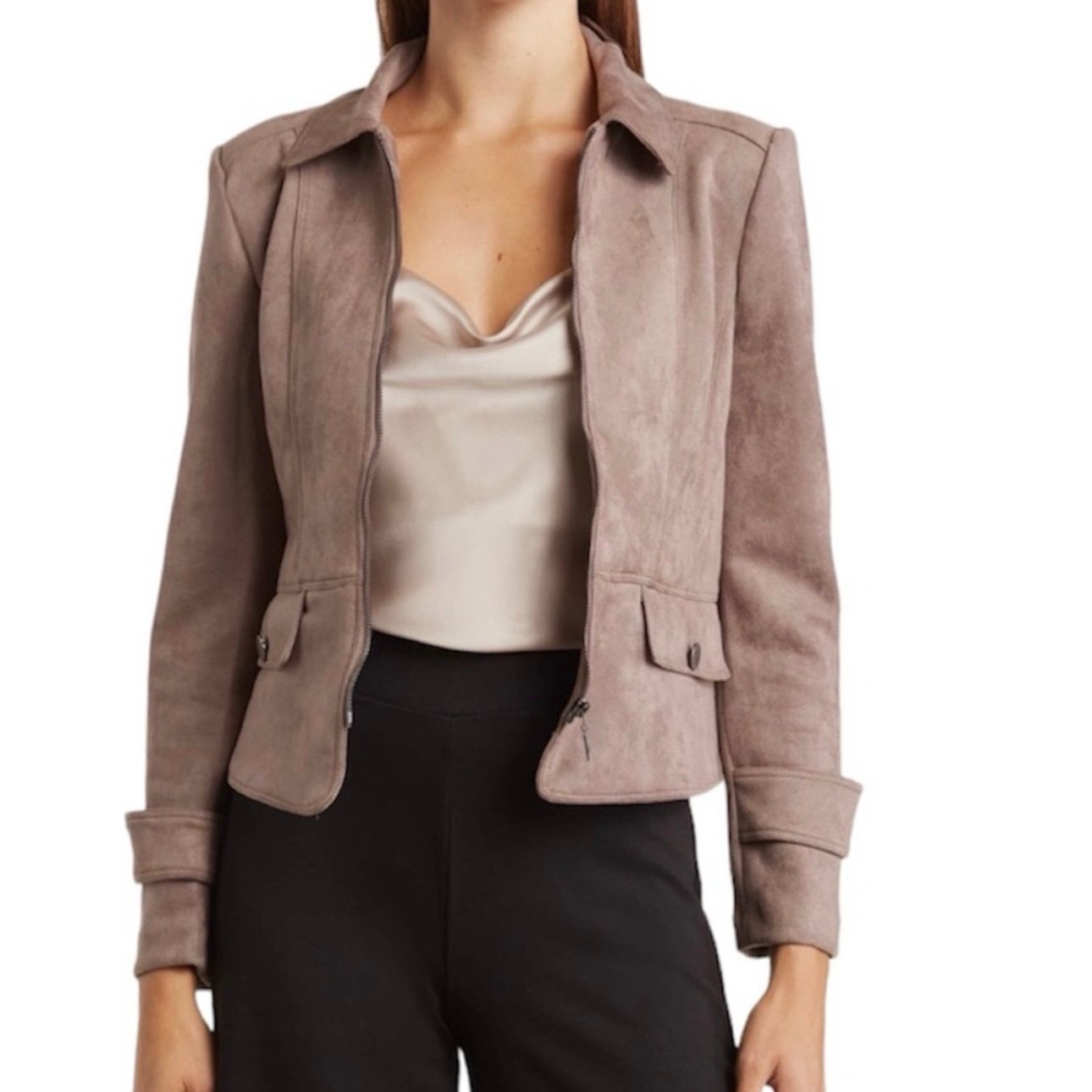 T Tahari Brown Faux Suede Jacket Leather Cropped Moto Zip L