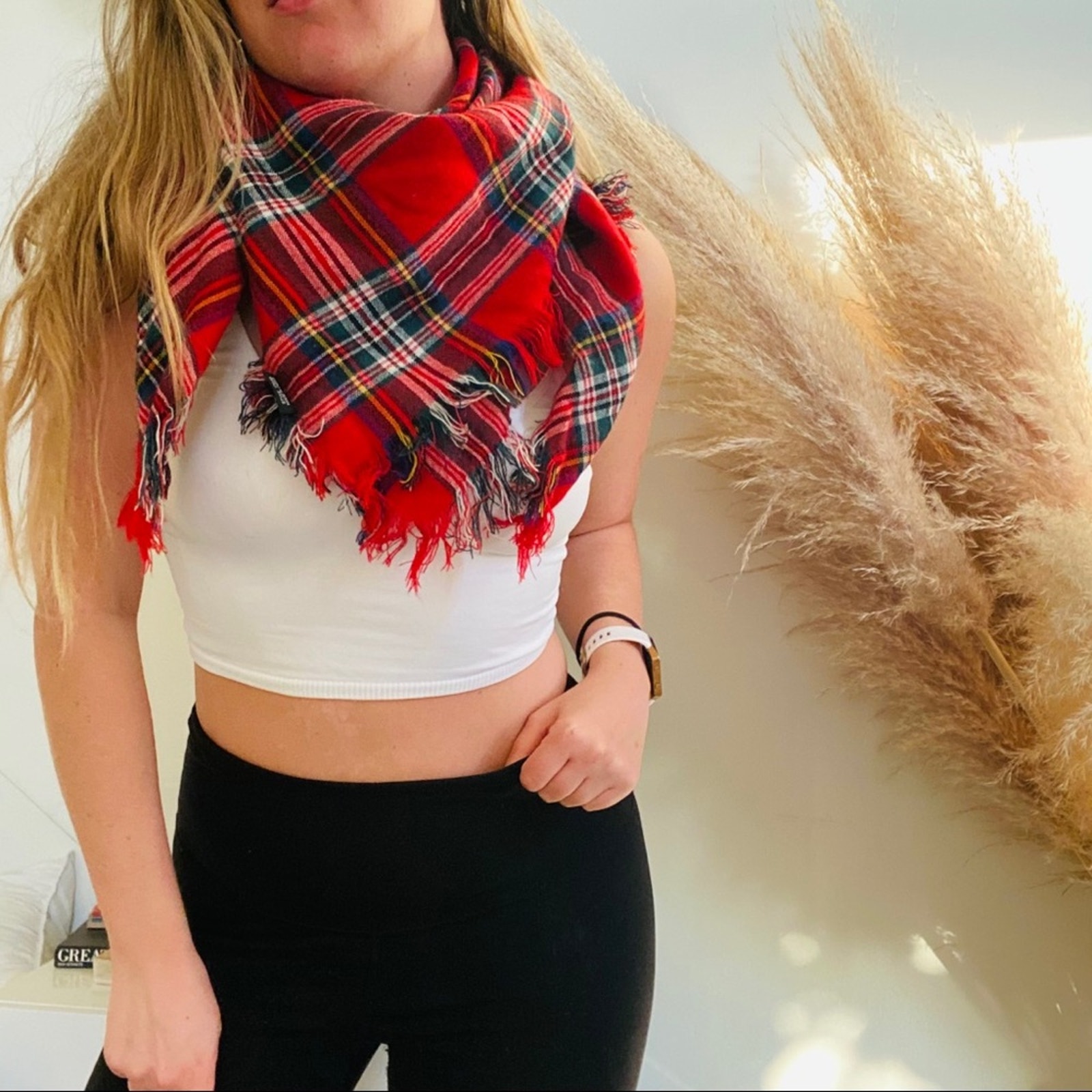 NORDSTROM Red White Acrylic Plaid Checked Tassel Fringe Oversize Fall Cozy Scarf