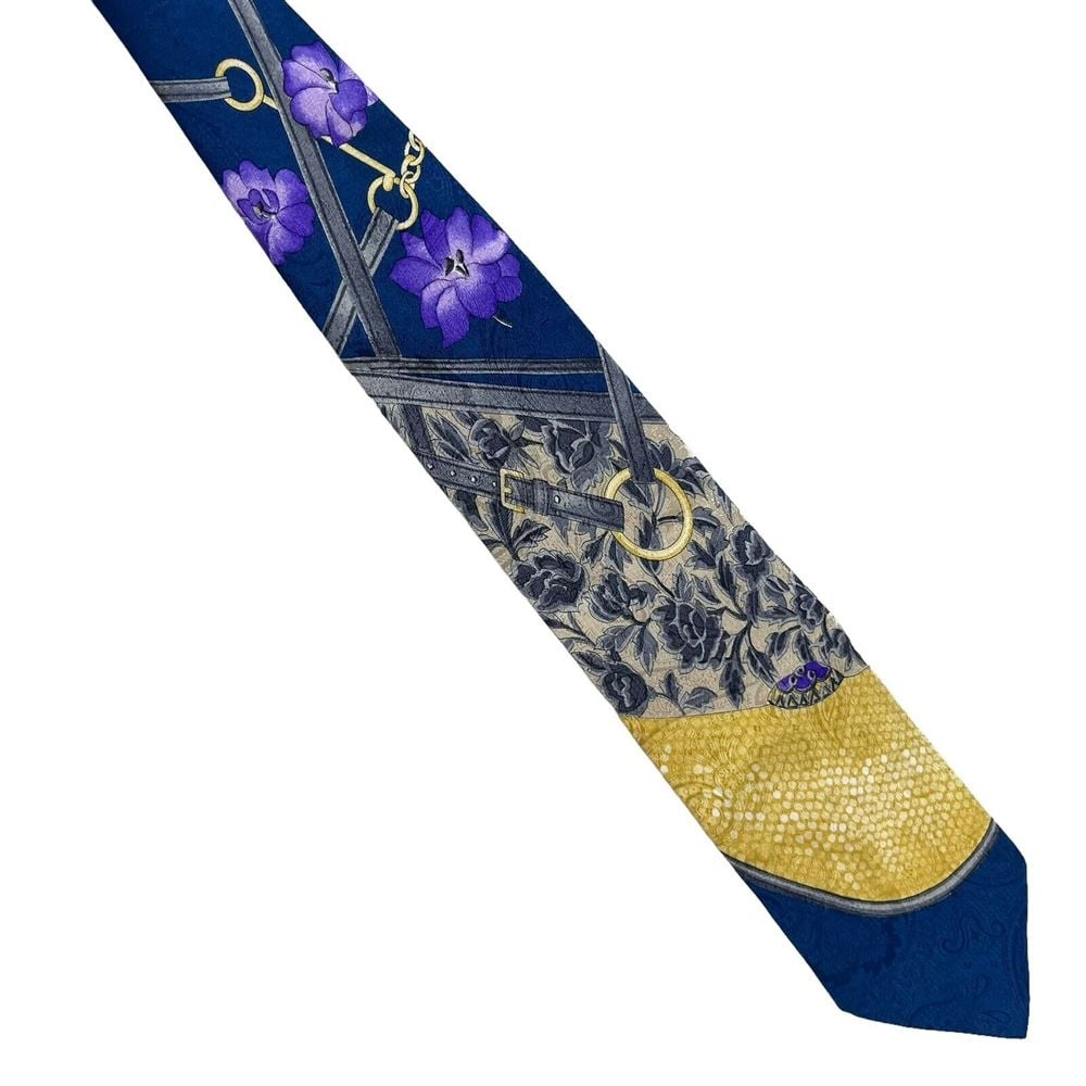 Leonard Paris Men's Tie Equestrian Floral Blue/Yellow Silk 3.75 (W) x 56.5 (L)