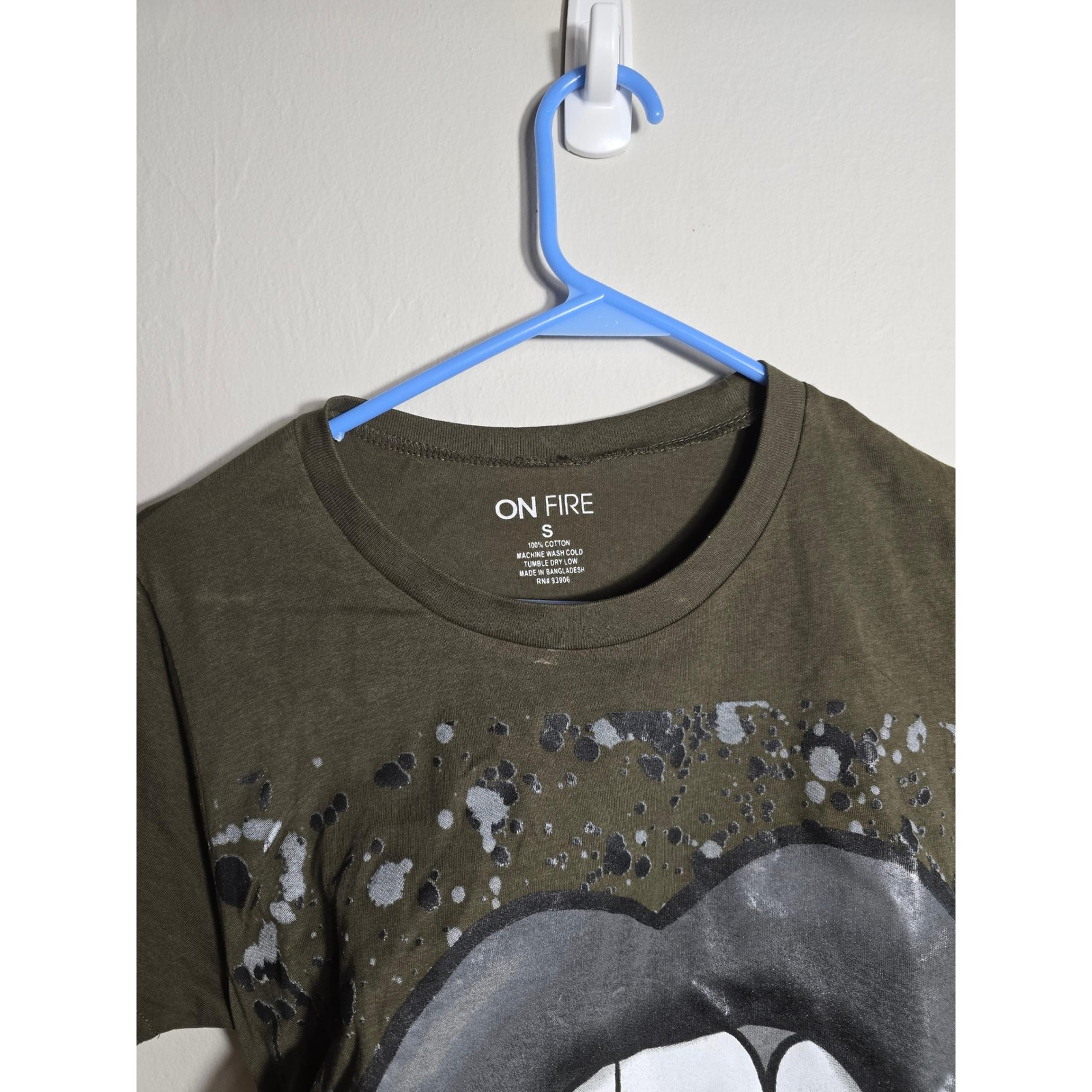 On Fire Lips Graphic T-Shirt Drawstring Olive Green Trendy Top Size S