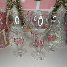 Pink Bow Ribbon Coquette Acrylic Wine Glasses Set of 4 NEW