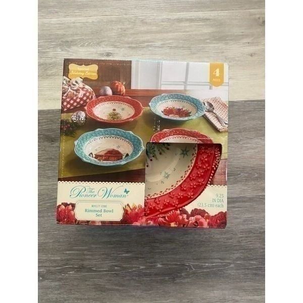 Pioneer Woman Christmas Cheerful Rose Set of 4 Bowls 9.25 In Low Rim