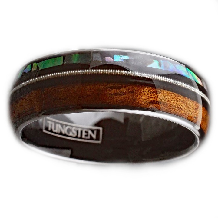 Men's tungsten wedding band ring koa wood and abalone inlay 8mm comfort fit
