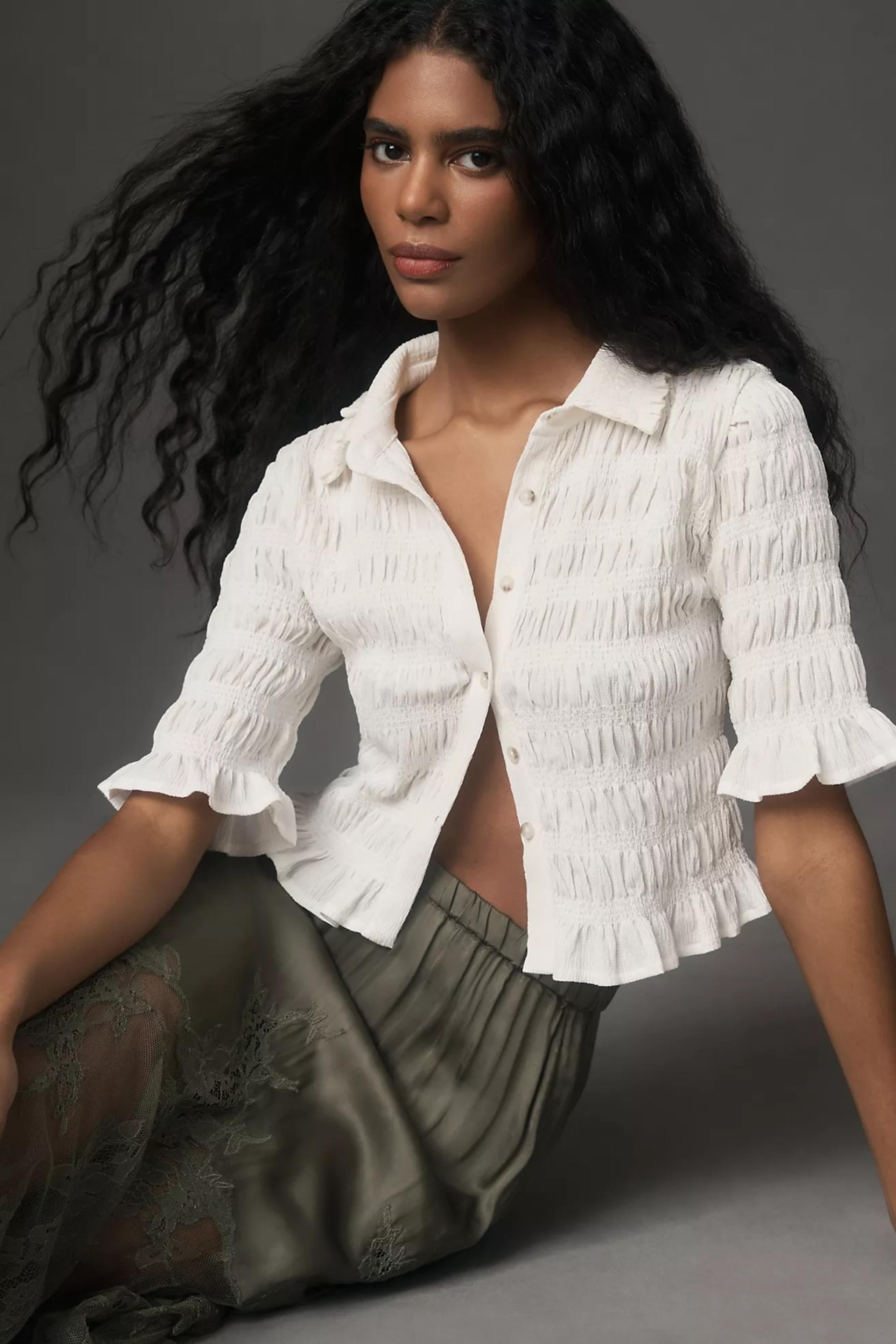 Maeve Anthropologie Smocked Button-Front Top size XS