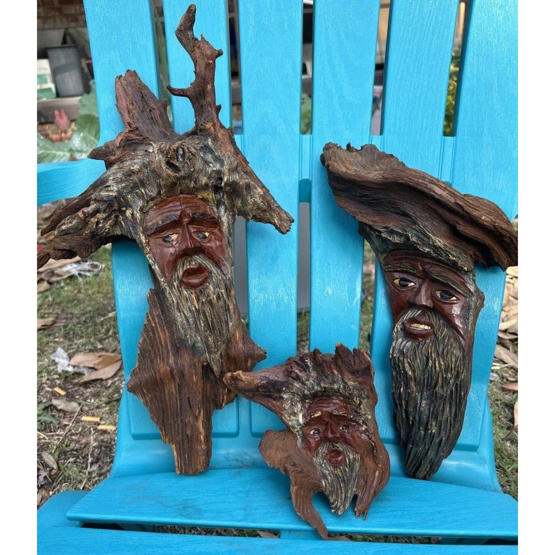 3 Wood Spirit Carving Old Man of the Woods Sculpture Folk Tree Forest Art Beared