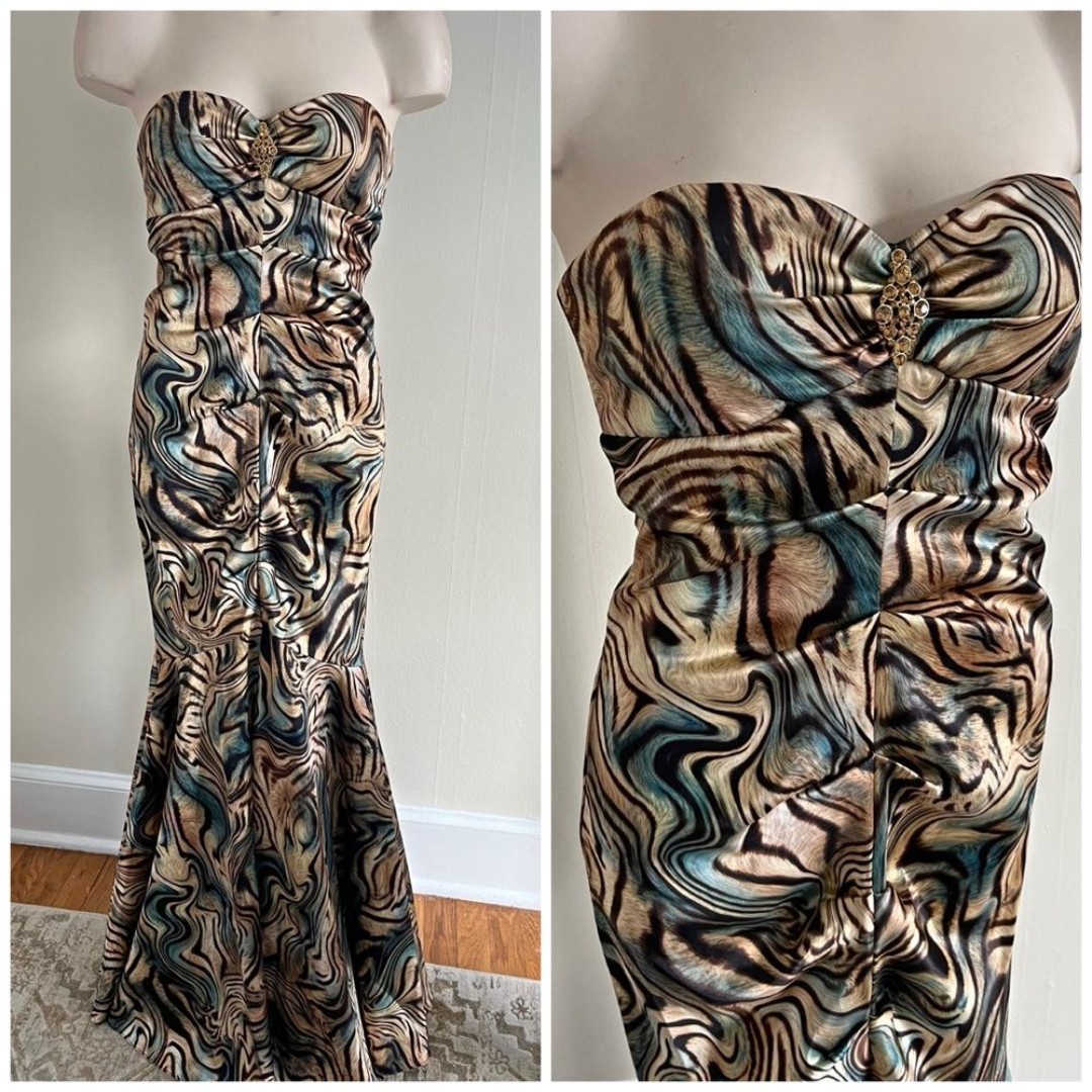 Vintage Xscape 90’s Y2K psychedelic swirl animal strapless mermaid gown prom
