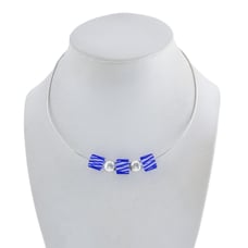 Vintage Sterling Silver 925 Blue White Striped Glass Bead Necklace 16