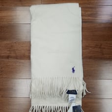 Polo Ralph Lauren Cashmere Wool Cream Fringe Scarf W/ Purple Pony 183 CM X 50 CM
