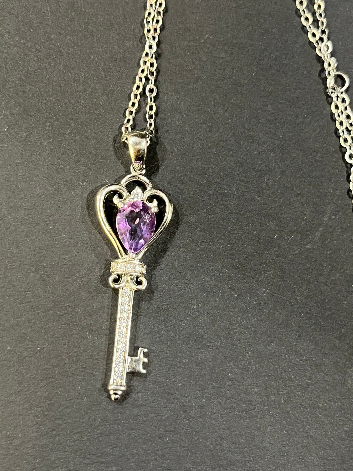 Amethyst Sterling Silver Key Love pendent necklace 18” chain stamped 925