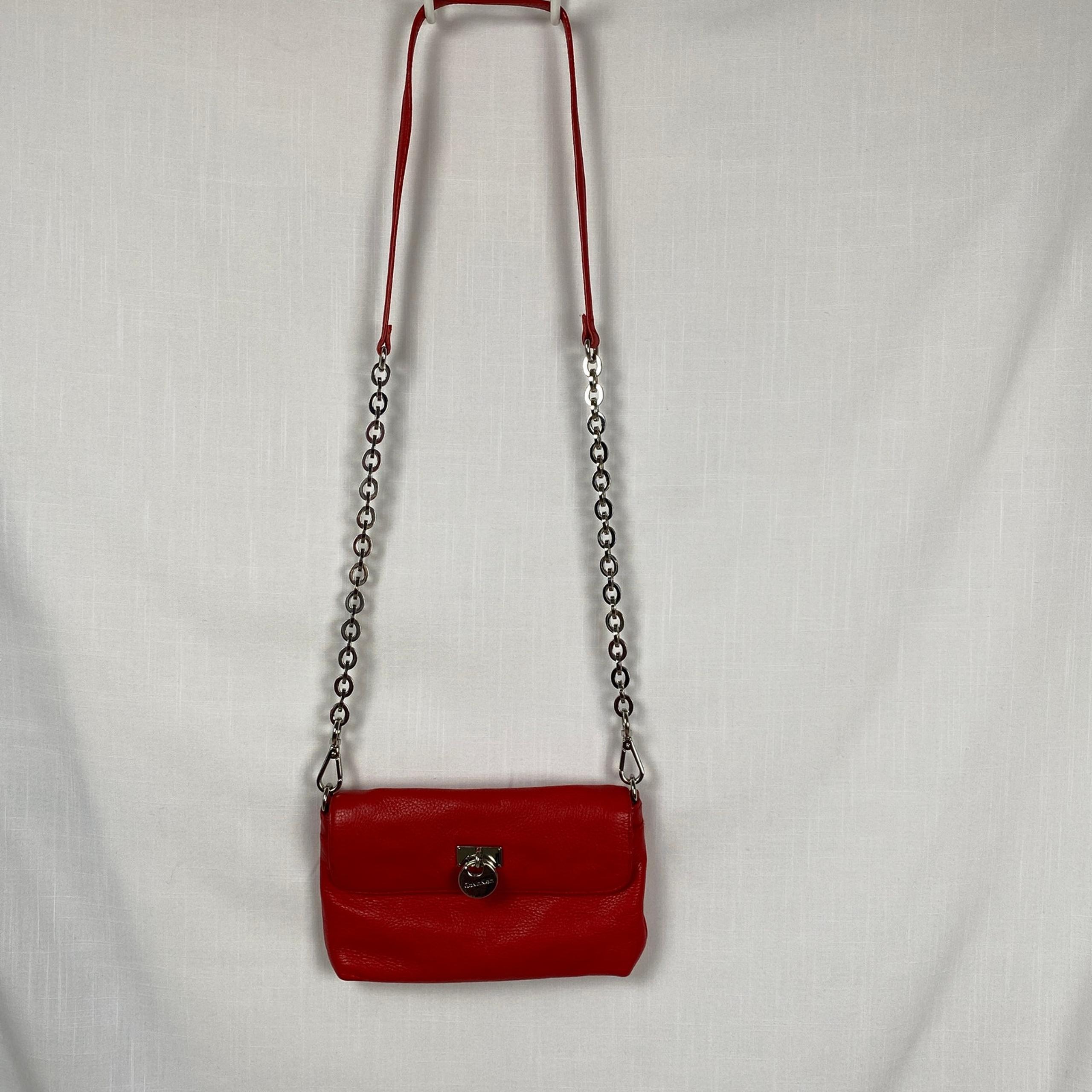Calvin Klein Red Crossbody Bag / Wallet w Flap, Leather, Gold Chain, Lock Logo