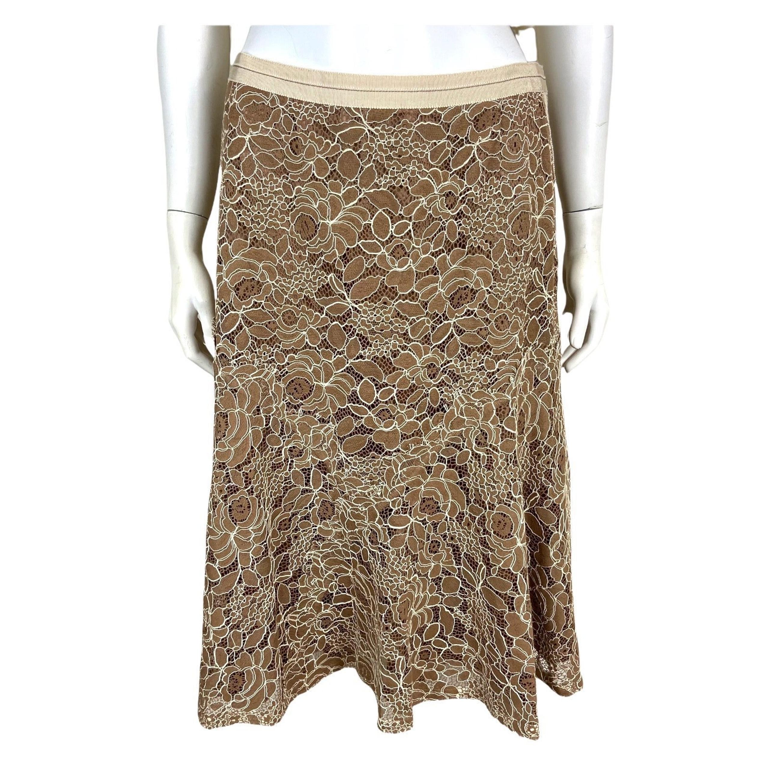Lida Baday Lace Midi Skirt Size 6 Beige Tan Floral A Line Flared