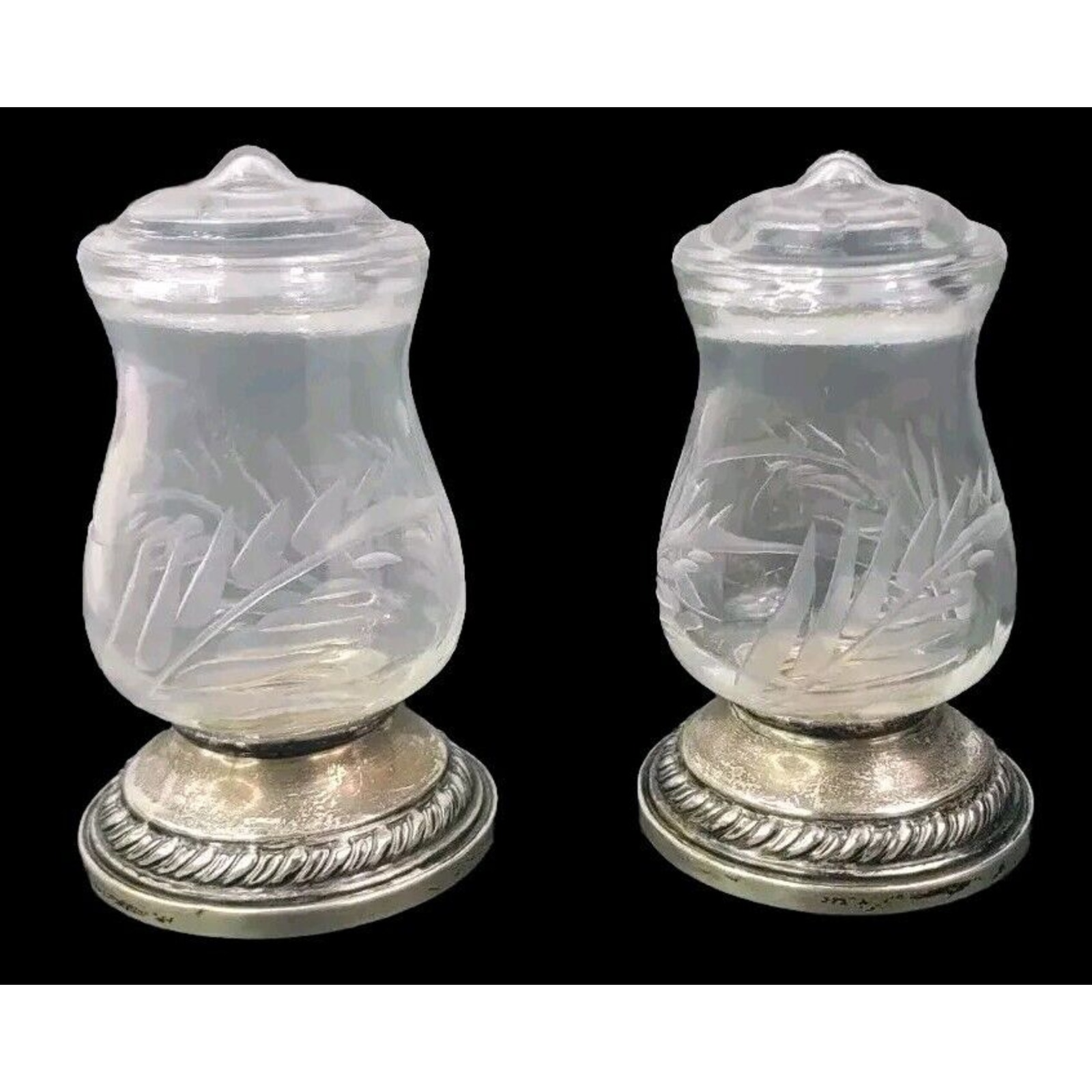 1930s Salt & Peppers Shakers Etched Glass Weighted Sterling Quaker Hurricane Vtg
