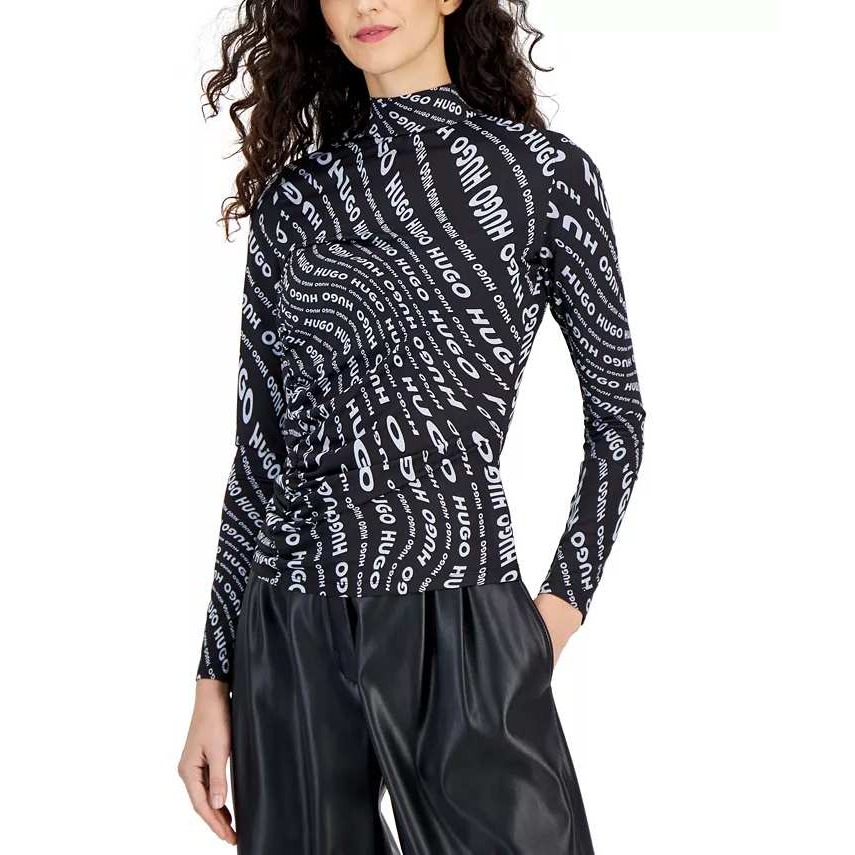 HUGO Mock Turtleneck Jersey Womens XS Black All Over Logo Print Black White NWT