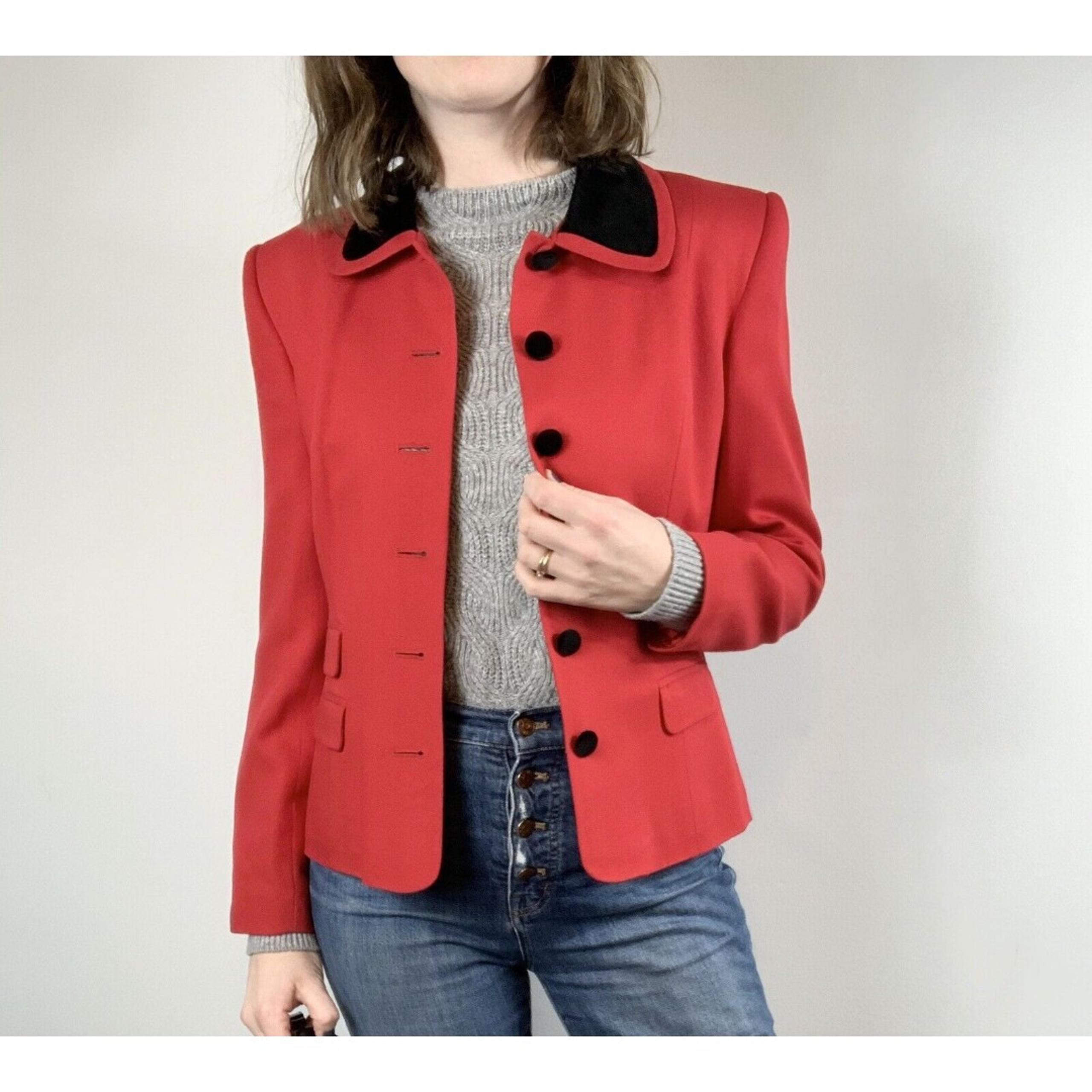 Vtg David Brooks Womens Red Blazer Jacket Velvet Trim Sz 6 Made In USA