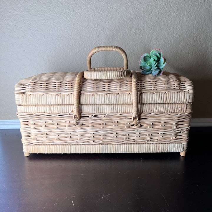 Vintage Wicker / Rattan Woven Picnic Basket w Handles, Needlework Storage, Craft