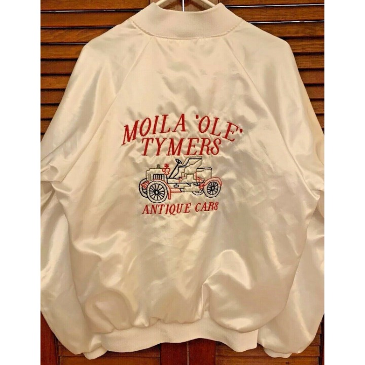 Moila Shriners Car Club White L Satin Bomber Jacket Vintage 80s Embroidered USA