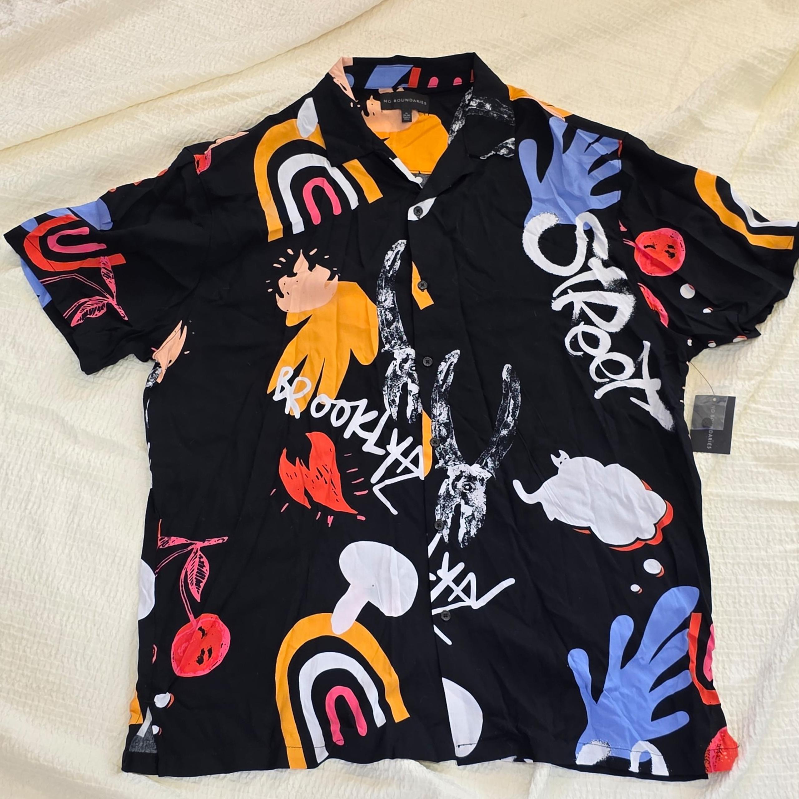 No Boundaries Short Sleeve Button Up Size Mens Xl Black Brooklyn Abstract
