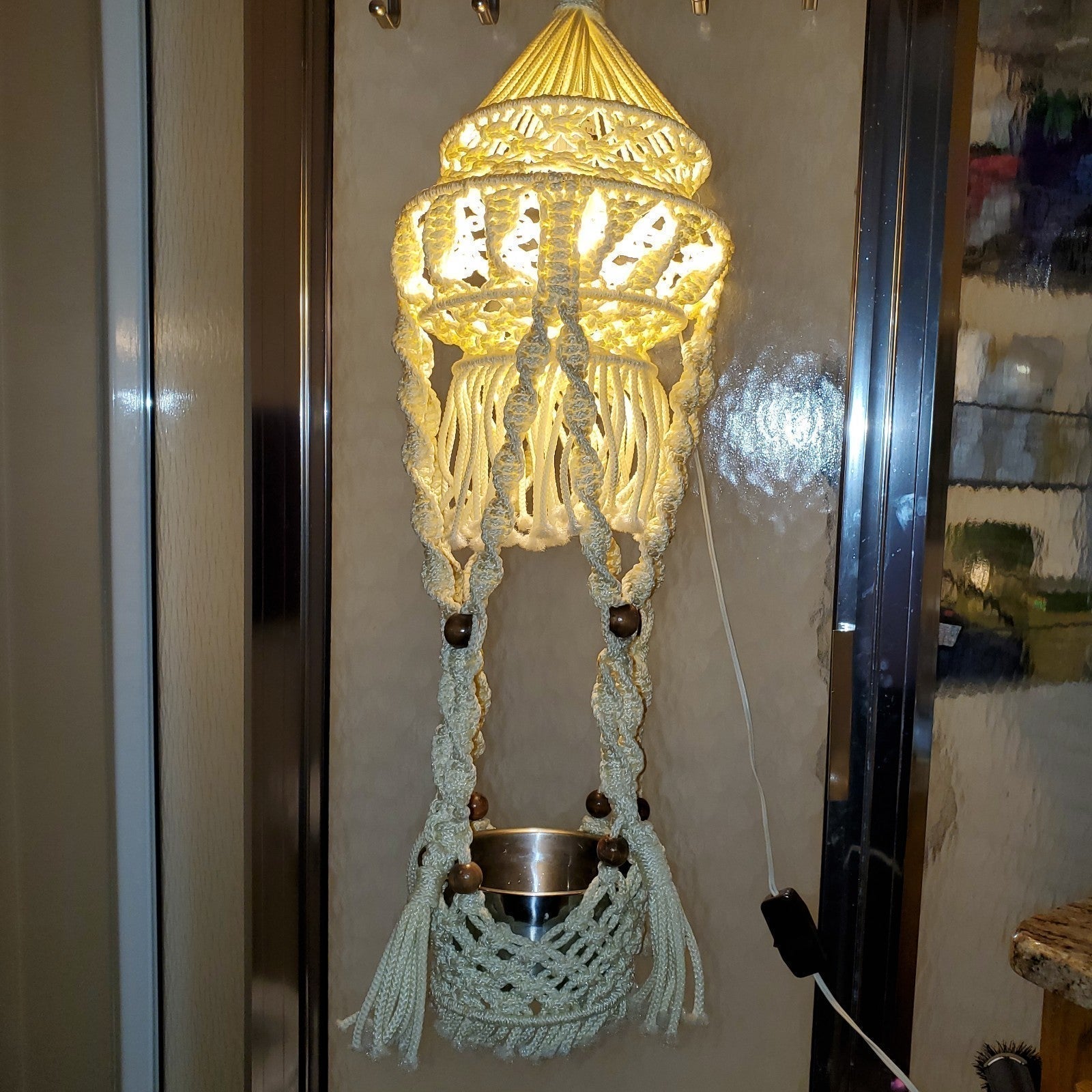 2 Vintage macrame plant holder (One Lighted) MCM 1970s comes with both pictured