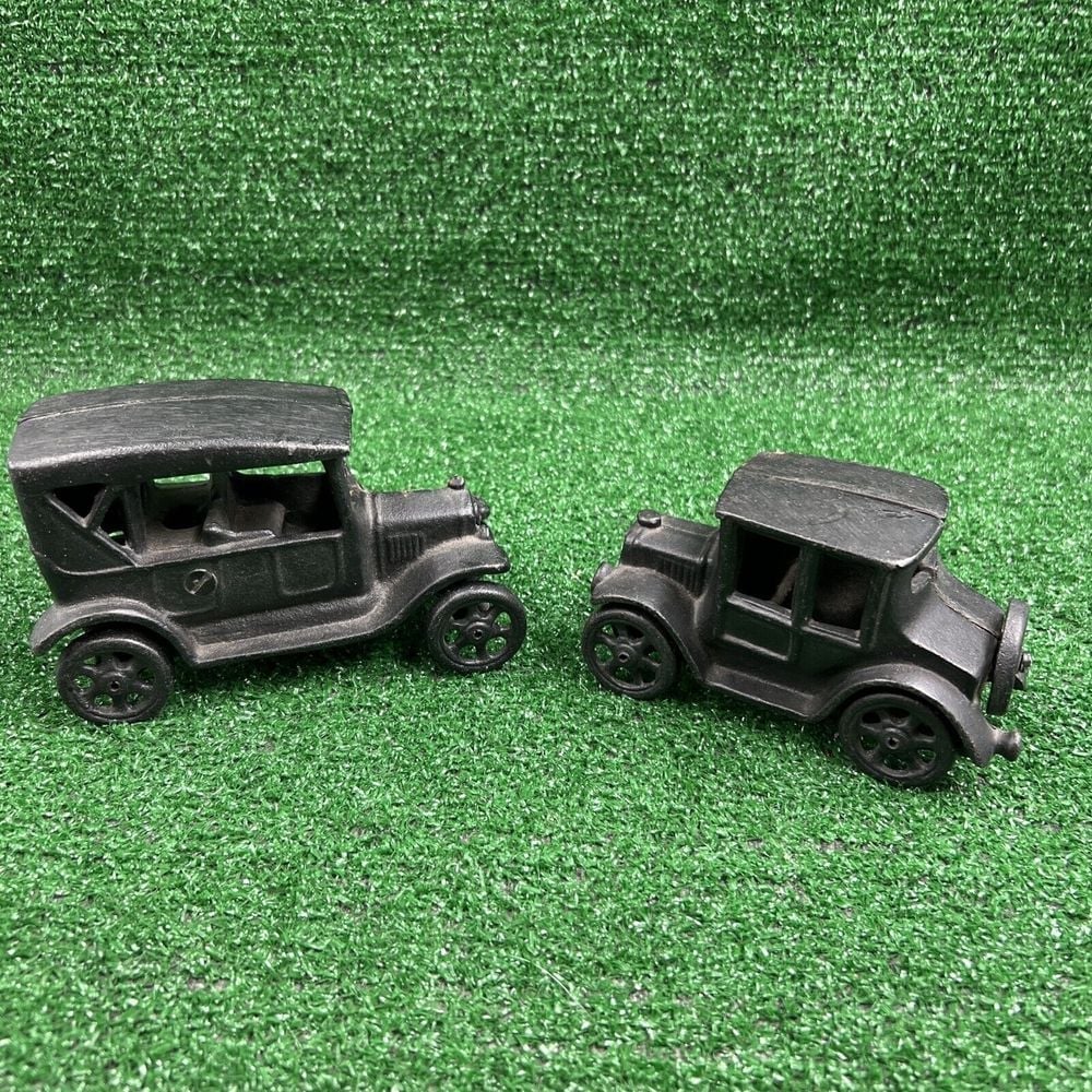 Vintage Black Cast Iron Art JM 135 & JM131 Ford Toy Car Antique Heavy Lot Of 2