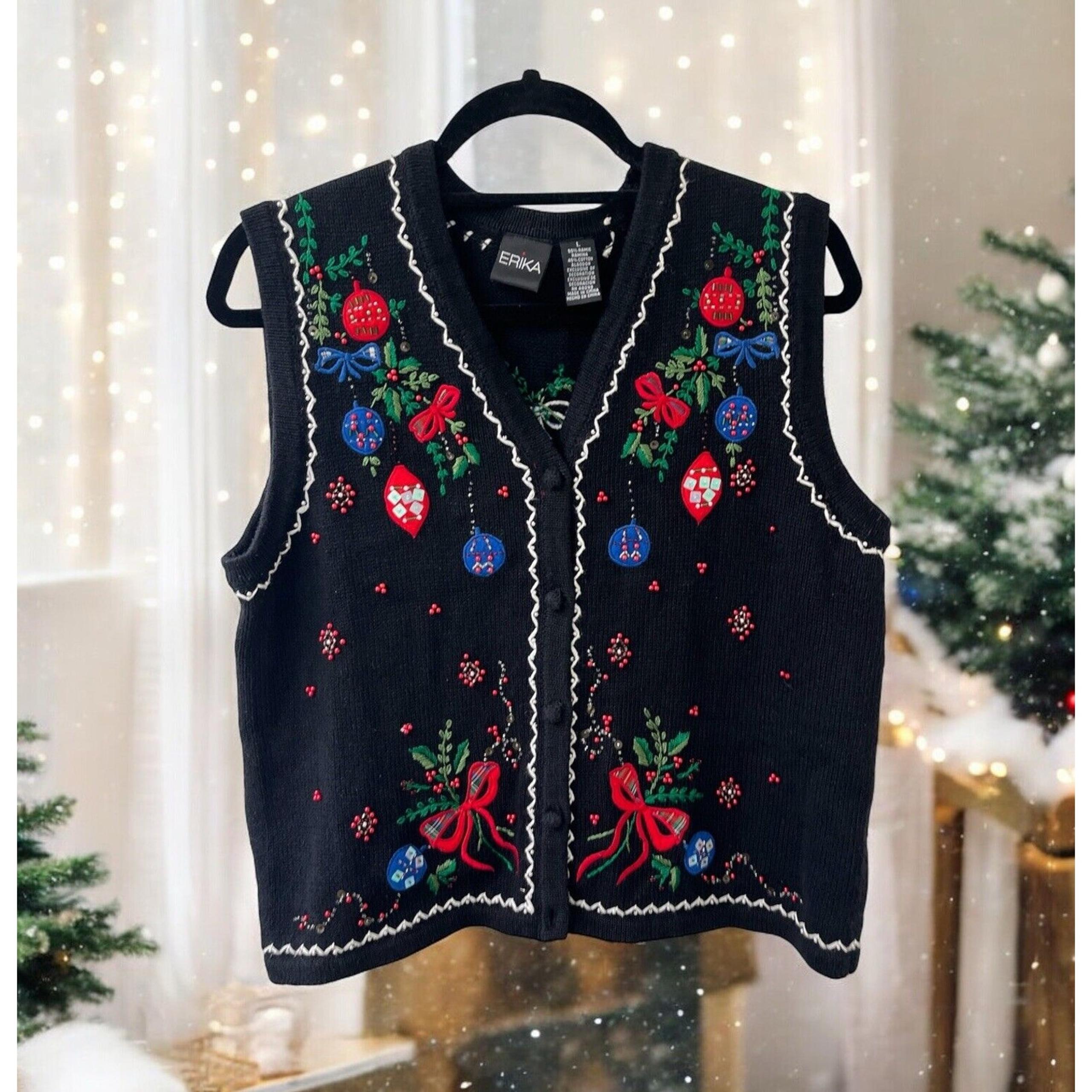 Vintage ERIKA Christmas Sweater Womens Large Knitted Vest Sequins Ornaments