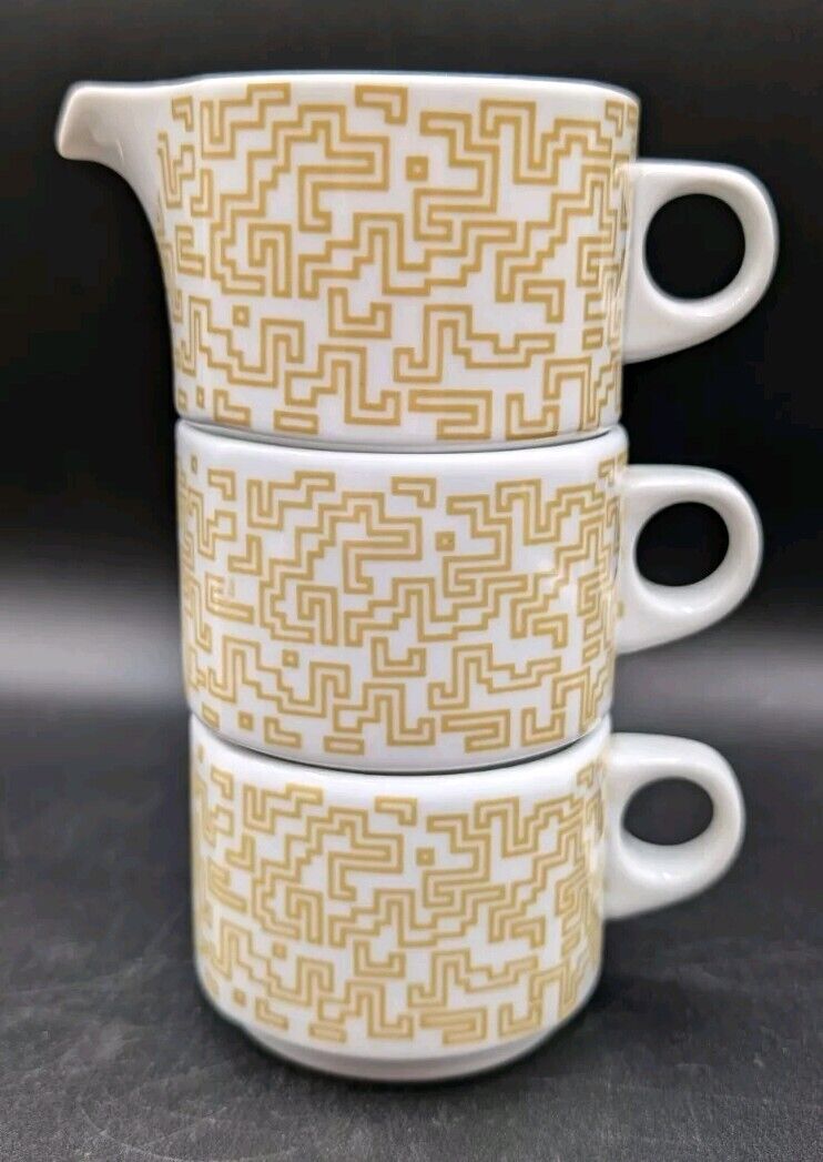Rosenthal Yellow Geometric Carré Pair Mugs Plus Creamer, Wolf Karnagel, Stackin