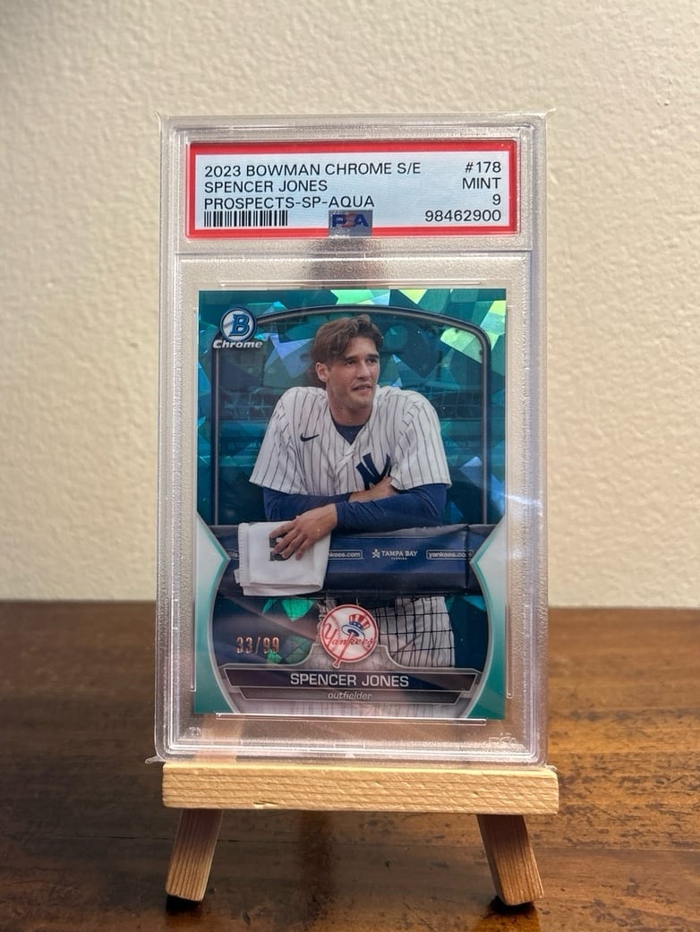 Spencer Jones Bowman Chrome Sapphire Prospects SP Aqua Refractor /99 PSA 9