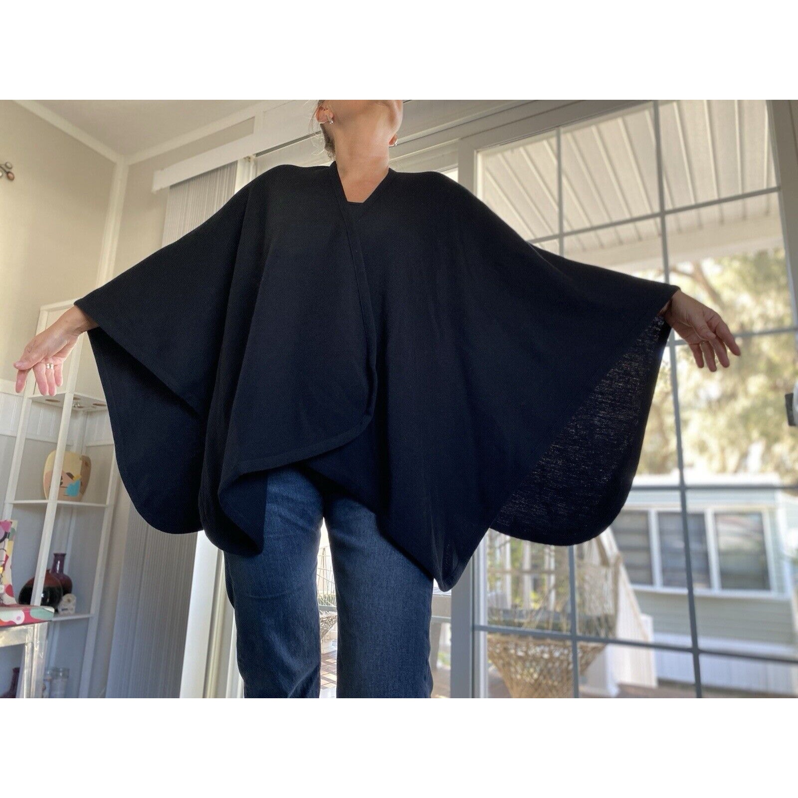 TALBOTS Made In Italy Fine Merino Wool Open Front Poncho Shawl One Size Black
