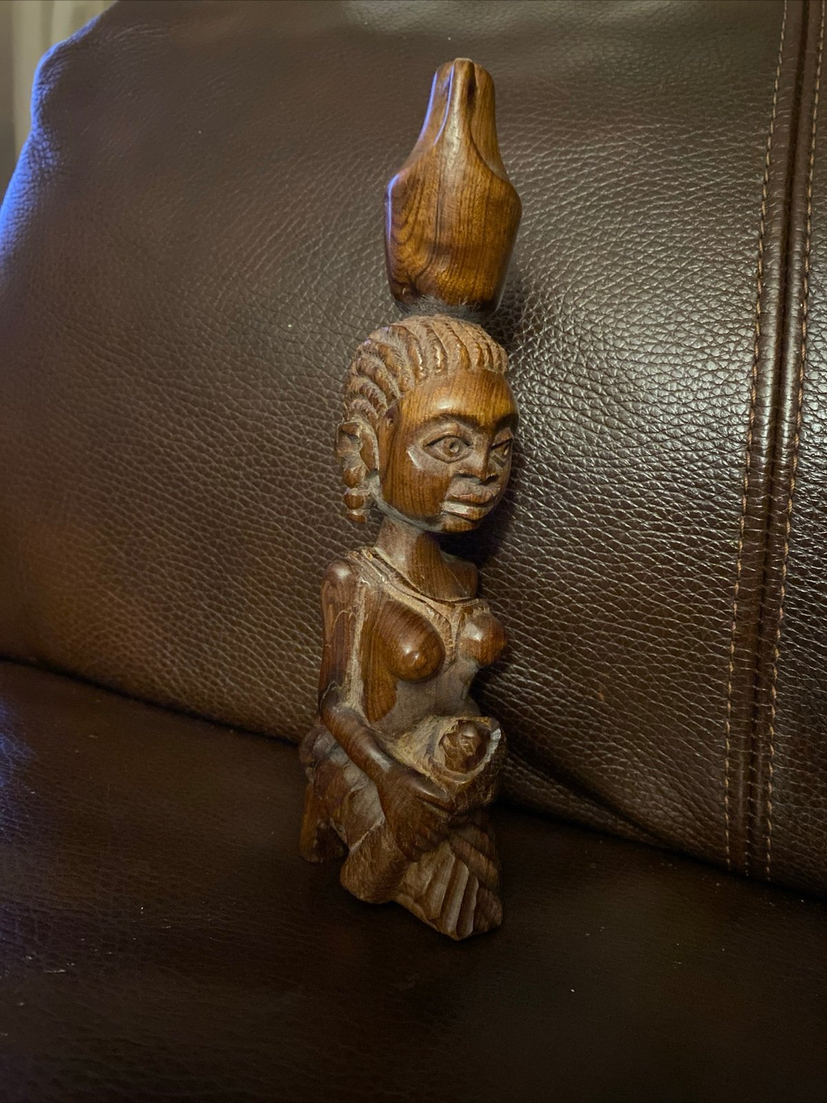 Handcarved statue african mother and baby fertility vtg dark wood