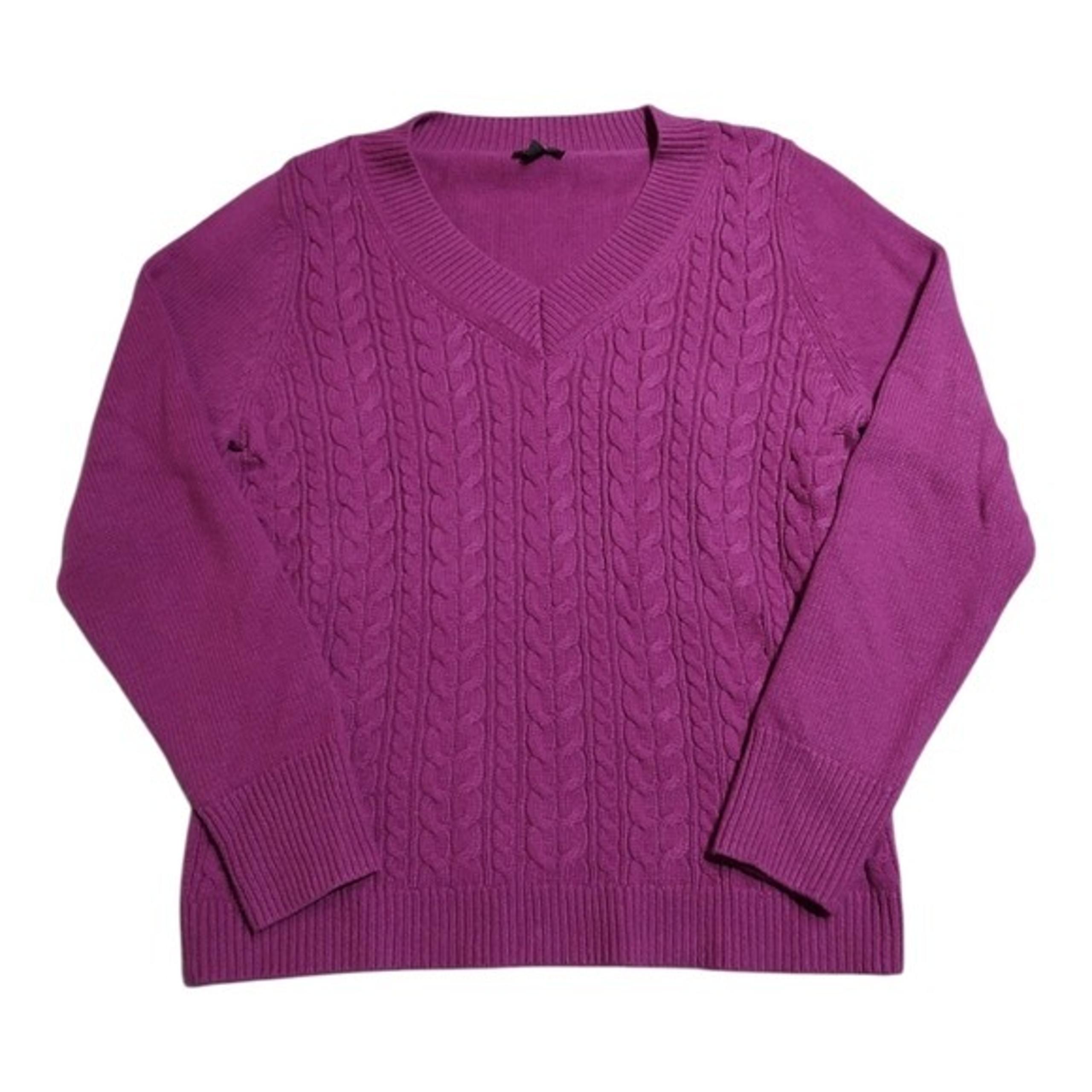 Talbots Magenta V-Neck Cable Knit Lambswool Sweater L